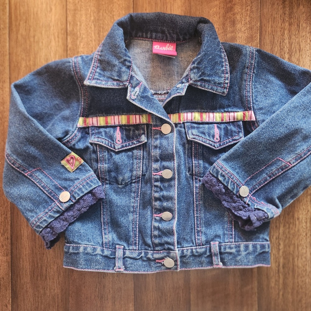Barbie Kids Denim‎ Jacket Pink Stitch Floral Embroidery Size 4